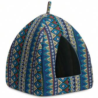 1 pieza Cama para mascotas reversible y ligera con estampado bohemio azul, adecuada para gatos pequeños y medianos, para todas las estaciones