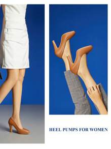 Trary Women's Heels For Women, Black Heels White Heels Brown Heels Nude Heels, Low Platform Heels, IN3.2 High Heel Closed Round Toe Pumps Dress Office Wedding Shoes For Women - 棕色 - 查看 4