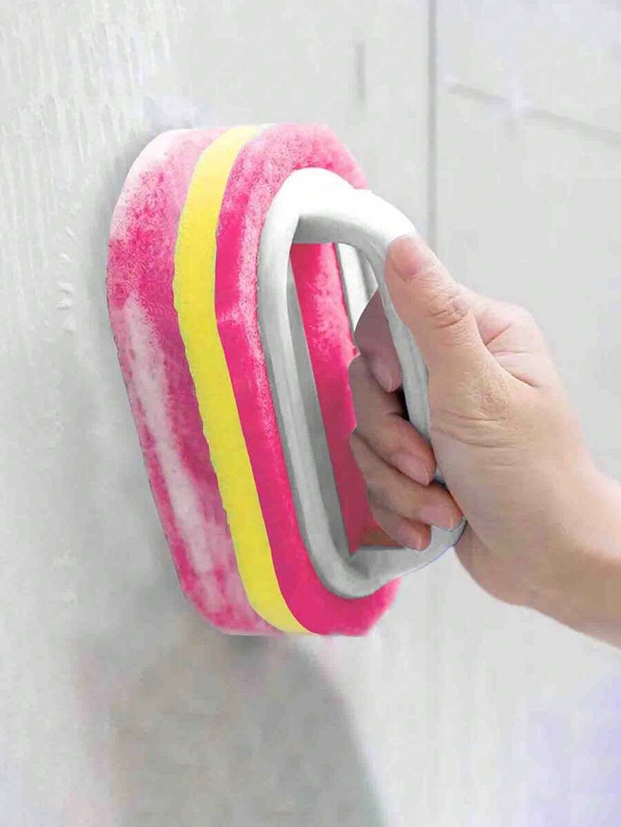 1pc Pink Upgrade Thickened Sponge Cleaning Brush With Handle For Wall & Tile Surface