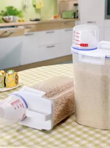 1pc, 2kg Capacity Rice Storage Container With Measuring Cup, Airtight Cereal Dispenser For Rice, Cereals, Grains, Flour, Dog Food And Cat Food, Moisture-proof- Insect-proof Household Food Storage Container For Home Kitchen Supplies - White - View 6