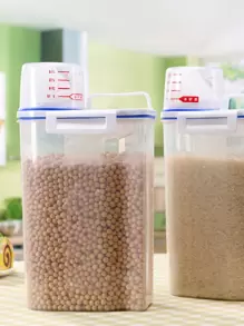 1pc, 2kg Capacity Rice Storage Container With Measuring Cup, Airtight Cereal Dispenser For Rice, Cereals, Grains, Flour, Dog Food And Cat Food, Moisture-proof- Insect-proof Household Food Storage Container For Home Kitchen Supplies - White - View 4