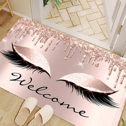 1 pieza Colchoneta Rosa Antideslizante de Puerta con diseño de pestañas y letras gráficas, alfombra de cocina, alfombra de baño, decoración de habitación