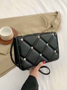 Pu Leather Geometric Pattern Embossed Inlaid Rhinestone Woman Shoulder Bag, Adjustable Strap, Zipper & Flap Closure - Black - View 1