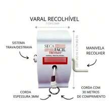 Varal Retrátil de Parede Recolhível Roupas Corda 30m Manivela Seca Fácil Grande Externo Interno Trevisan - Branco - Visão 3