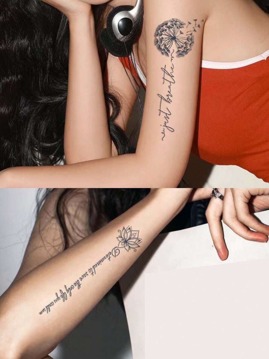 1入組蒲公英花&英語設計防水臨時紋身貼適用於女性手臂或者後,性感風格 - 黑色 - 查看 1