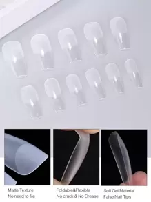 短棺形軟凝膠美甲貼片，550片11種尺寸完全覆蓋透明假指甲，可浸泡延長指甲，預打磨貼上指甲，附盒美甲配件工具美甲用品 - 無色 - 查看 4