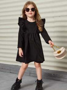 Vestido negro de manga larga para niña, ropa elegante para primavera/otoño, nuevo diseño con volantes en las mangas, corte suelto y estilo princesa - Negro - Ver 2
