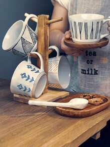 1 pièce Set de tasse à café en céramique, Tasse en céramique et Sous-tasse en bois, Convient pour un usage domestique et au bureau, Un excellent cadeau pour les amis à la rentrée scolaire