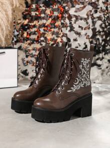 Giày cao đến mắt cá chân thêu châu Âu và Mỹ mới mùa đông 2023 dành cho nữ, đế chống nước, mũi tròn, đáy dày, giày cao gót, dây buộc phía trước - màu nâu - Xem 4