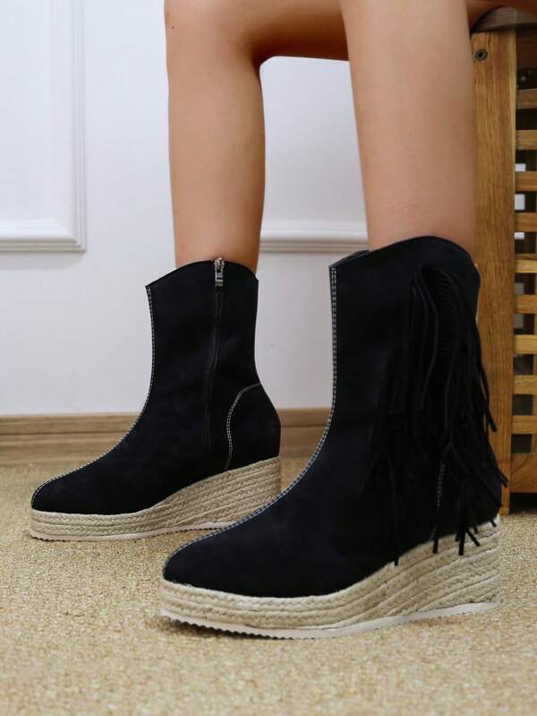 Black Fringed Short Boots With Rope Detail