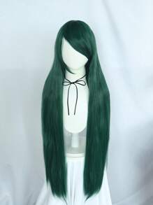 Peluca de disfraz de anime con flequillo inclinado, recta sedosa, extralarga, verde oscuro, pelo de fibra sintética sin pegamento resistente al calor, peluca de cosplay de alta densidad con flequillo, escuela, Halloween, Día de Acción de Gracias, Navidad, accesorios para disfraces y 1 gorro de peluca - Verde - Ver 4