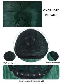Peluca de disfraz de anime con flequillo inclinado, recta sedosa, extralarga, verde oscuro, pelo de fibra sintética sin pegamento resistente al calor, peluca de cosplay de alta densidad con flequillo, escuela, Halloween, Día de Acción de Gracias, Navidad, accesorios para disfraces y 1 gorro de peluca - Verde - Ver 8
