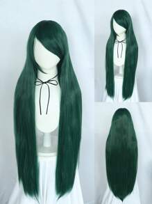 Peluca de disfraz de anime con flequillo inclinado, recta sedosa, extralarga, verde oscuro, pelo de fibra sintética sin pegamento resistente al calor, peluca de cosplay de alta densidad con flequillo, escuela, Halloween, Día de Acción de Gracias, Navidad, accesorios para disfraces y 1 gorro de peluca - Verde - Ver 1