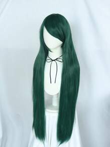Peluca de disfraz de anime con flequillo inclinado, recta sedosa, extralarga, verde oscuro, pelo de fibra sintética sin pegamento resistente al calor, peluca de cosplay de alta densidad con flequillo, escuela, Halloween, Día de Acción de Gracias, Navidad, accesorios para disfraces y 1 gorro de peluca - Verde - Ver 5