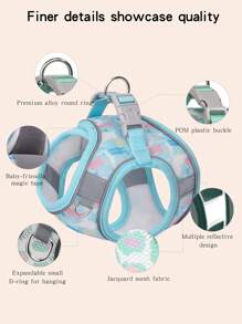 一組彩色印花透氣網狀寵物胸背帶和皮帶，由透氣耐用網狀面料製成，帶有彩色印花，柔軟而素色；採用高亮度反光條，夜間在燈光照射下反光效果增強，更容易被發現，避免交通事故，對寵物更安全； 360度設計，更貼合寵物身體，防止寵物逃跑，分散拉力，不會傷害您寵物；配備2入組大戒指用於牽引和垃圾袋懸掛，配有小D環用於懸掛小寵物配件，以及可調節肩帶使其更加美觀舒適；對於寵物主人來說很方便，它既可以牽引也可以用手攜帶 - 藍色 - 查看 2