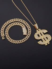 Collar Unisex Con Colgante De Signo De Dólar, Diseño De Cadena Multicapa, Longitud De 50cm (disponible En Oro Y Plata) - Amarillo Oro - Ver 3