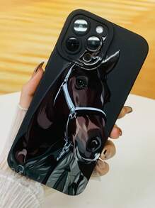 1pc Black Oil Painting Horse Design Phone Case Compatible With Apple Models - Black - View 1
