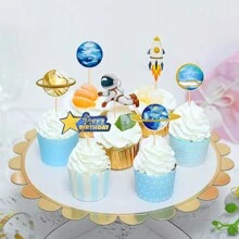 1套藍色外太空行星主題生日蛋糕裝飾插卡和插牌,包括月球宇航員裝飾,適用於烘焙 - 藍色 - 查看 7