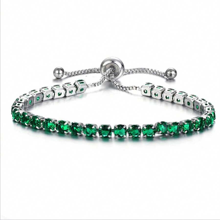 1 件簡約時尚銅方晶鋯石圓形網球手鍊帶可調節抽繩男女款,綠色 - 綠色 - 查看 1