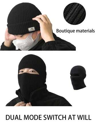 1pc Black Knitted Hat For Men, Thickened Outdoor Winter Warm Knitted Cap With Face Mask Casual Beanie Fall Outfit