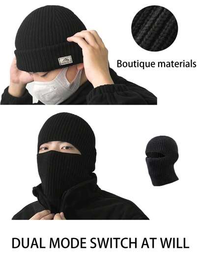 1 Stück schwarze gestrickte Mütze für Herren, verdickte Outdoor-Winter warme gestrickte Kappe mit Gesichtsmaske, lässige Beanie Herbst Outfit