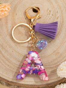 字母 A 流苏钥匙扣首字母树脂时尚手提包吊坠钥匙扣可爱汽车钥匙圈包包配件礼品（在夹层中添加一根细金属棒（如图所示）是为了确保夹层的内表面也能顺利电镀出漂亮的颜色。金属棒可能包含在内，也可能被移除。）礼品、礼品、配饰、装饰汽车配件女士钥匙扣饰物 - 紫色 - 查看 1
