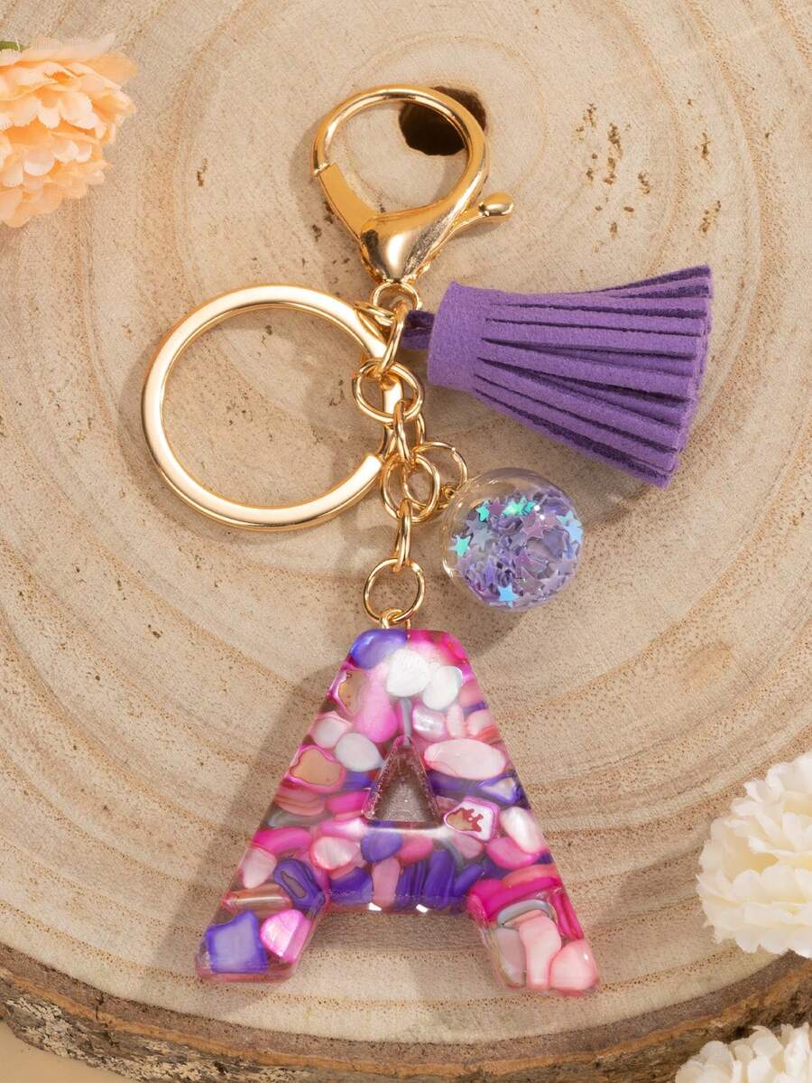 字母 A 流苏钥匙扣首字母树脂时尚手提包吊坠钥匙扣可爱汽车钥匙圈包包配件礼品（在夹层中添加一根细金属棒（如图所示）是为了确保夹层的内表面也能顺利电镀出漂亮的颜色。金属棒可能包含在内，也可能被移除。）礼品、礼品、配饰、装饰汽车配件女士钥匙扣饰物 - 紫色 - 查看 1