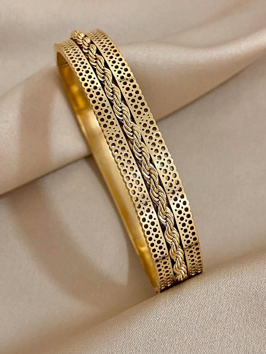 1 件扭鏈不鏽鋼手鍊金色女式空心袖口手鍊聖誕節日常派對珠寶禮品 - 金黃色 - 查看 1