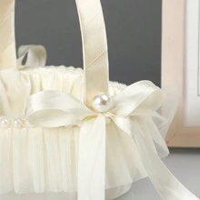 1入西式婚禮風格心形假珍珠小花籃,適用於婚禮典禮,花童籃 - 米色 - 查看 2
