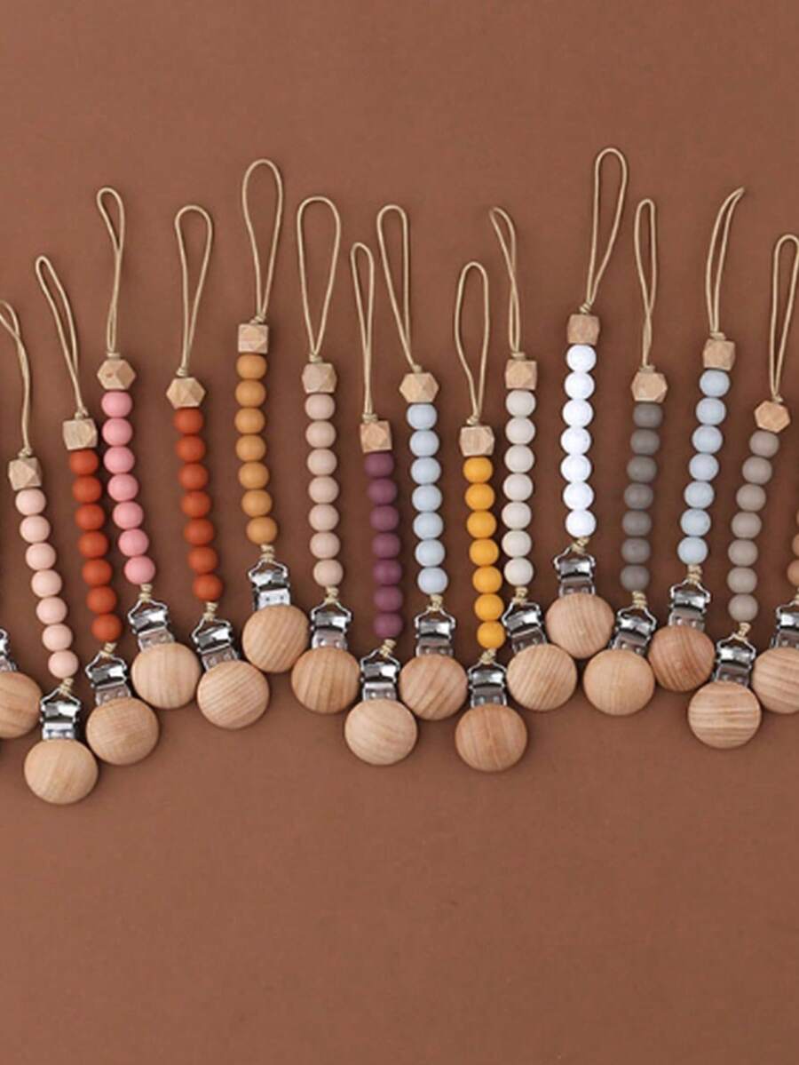 1pc Pacifier Clip Holder With Teething Silicone Beads And Slip