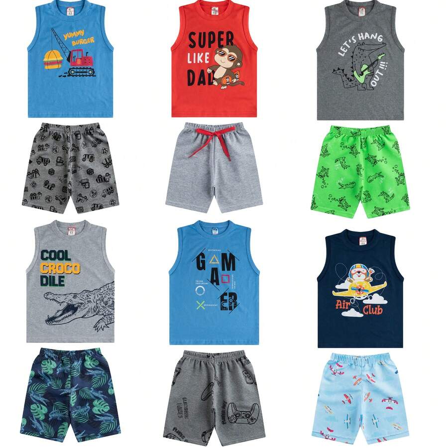 Kit 6 Conjuntos Roupa Infantil Menino Shorts e Regatas de Verão Calor Praia - Multicolorido - Visão 1