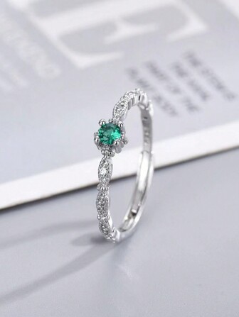 1pc Stainless Steel Inlaid Green Ring, Simple & Stylish & Elegant Women's Finger Ring