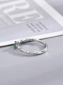 1 Pieza Anillo Verde Con Incrustaciones De Acero Inoxidable, Anillo De Dedo De Mujer Simple, Estiloso Y Elegante - Plateado - Ver 3