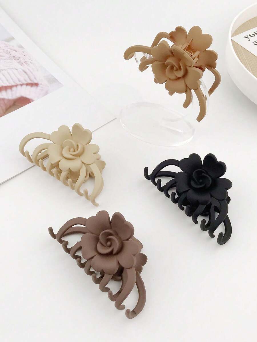 4pcs Ladies' Simple Matte Rose Shaped Plastic Hair Claw Clips For Daily Use - Multicolor - View 1