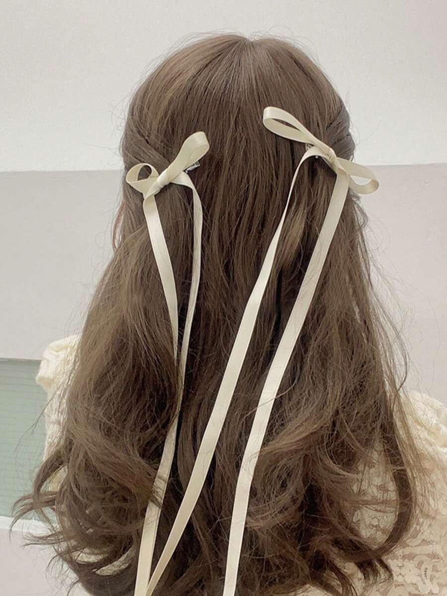 2pcs Women's White Polyester Ribbon Bowknot & Ribbon Fashion Hair Clips, Sweet & Lovely Hair Ornaments With Streamers, Suitable For Daily Use Tiaras Valentine's Day Valentines