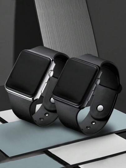 2 piezas Reloj deportivo electrónico en forma de cuadrado asimétrico para parejas, regalo para amigos