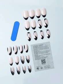用这款24片装长杏仁形黑色法式条纹假指甲套装提升您的时尚品味，全覆盖设计，简约百搭，适合女性和女孩日常佩戴。 - 彩色 - 查看 3