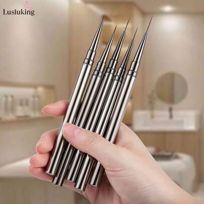 LUSLUKING 5Pcs Nail Art Brushes With Handle, Metal Conical Pointed Painting Pen Set For Stripe Floral Design Nail Graffiti Pens For Nail Art Supplies