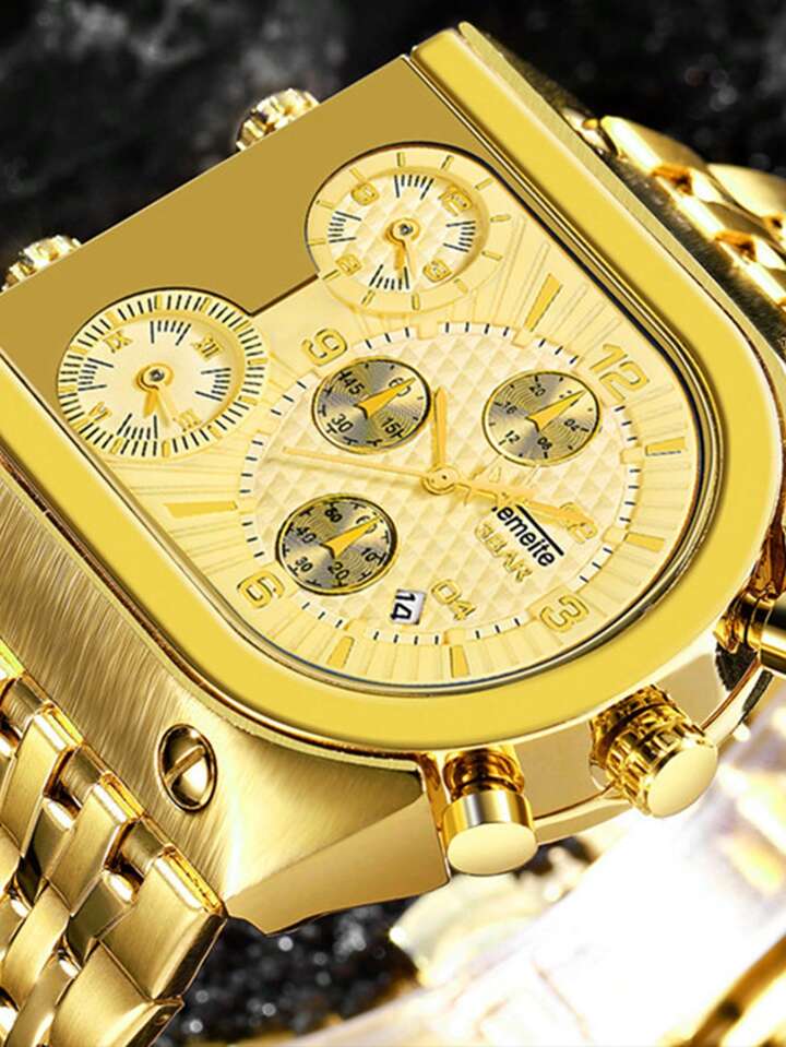 1pc Men s Business Style Waterproof Analog Quartz Watch With Timer Automatic Calendar And Pointer Display Gold Square Dial SHEIN