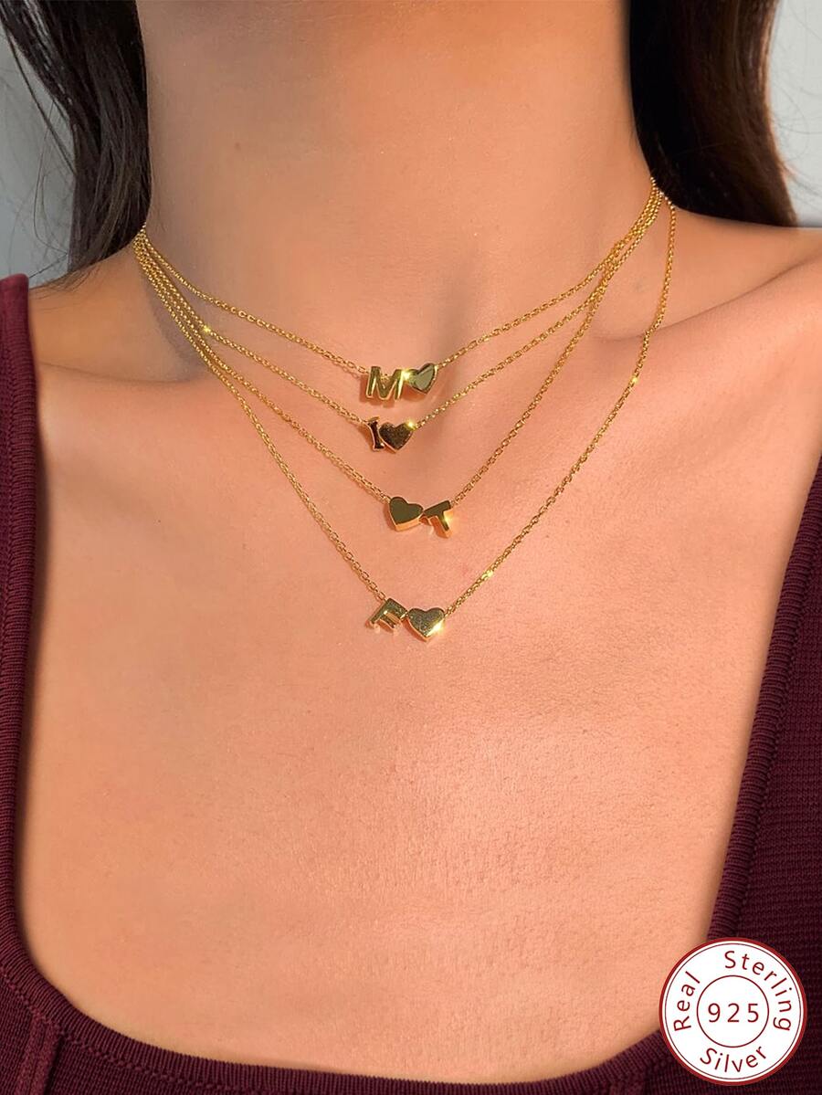 1入組縮寫字母A-Z吊墜或者Love心形墜飾或者裸鏈條樣式項鍊DIYS925純銀珠寶製作母親節情人節生日禮物適合女士 - 金色 - 查看 1