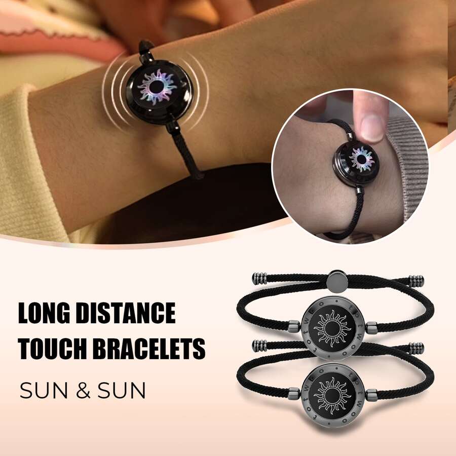 Totwoo Long Distance Touch Bracelets For Couples, Light Up & Vibration, Relationship Gifts For Girlfriend Bluetooth Pairing Jewelry - Black - View 1