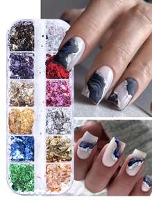FULL BEAUTY 12 Grids Gold Foils Nail Glitter Flakes Asymmetric Aluminum Foil Paper DIY Shinny Sequins For Nail Art Decoration Accessories Winter Manicure Nail Charms Nail Gems Nail Supplies