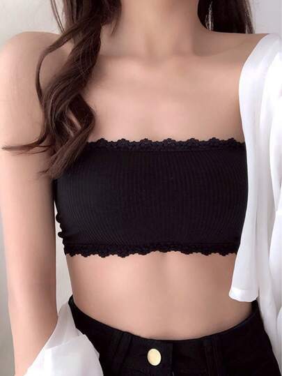 1pc Women's Strapless Lace Trim Bandeau Bralette Bra, Non-Wired, Anti-Slip, Lingerie