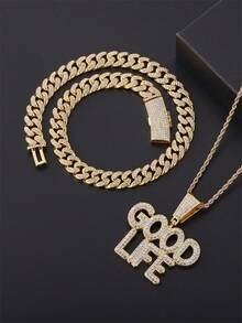 好生活字母吊墜項鍊,鼓舞積極和健康的生活態度,男女皆宜的嘻哈時尚配飾,適合學生和上班族日常佩戴和作為聖誕節、新年等節日禮物。多層鍊式項鍊,金/銀色和鑽石裝飾 - 金黃色 - 查看 1