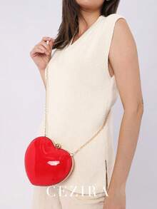 CEZIRA Acrylic Heart-Shaped Evening Bag, Metal Frame Clasp Wallet, Long Chain, Fashion & Cute, Crossbody Shoulder Handbag, Women's Party Gift - Red - View 6