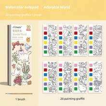 全新6色彩繪便條紙配水筆,兒童著色本帶書籤,20張水彩畫便條紙適用於繪畫和塗鴉+1支畫筆,享受美食的水彩畫便條紙,可愛的寵物世界 - 白色 - 查看 2