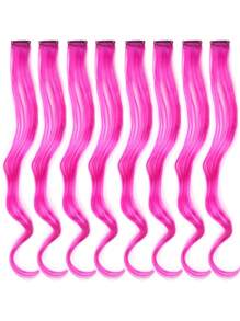 Extensiones de cabello de colores para fiesta y resaltes, pieza de cabello sintético rizado y ondulado para clip en mujeres y niñas - Rosa Fucsia - Ver 1