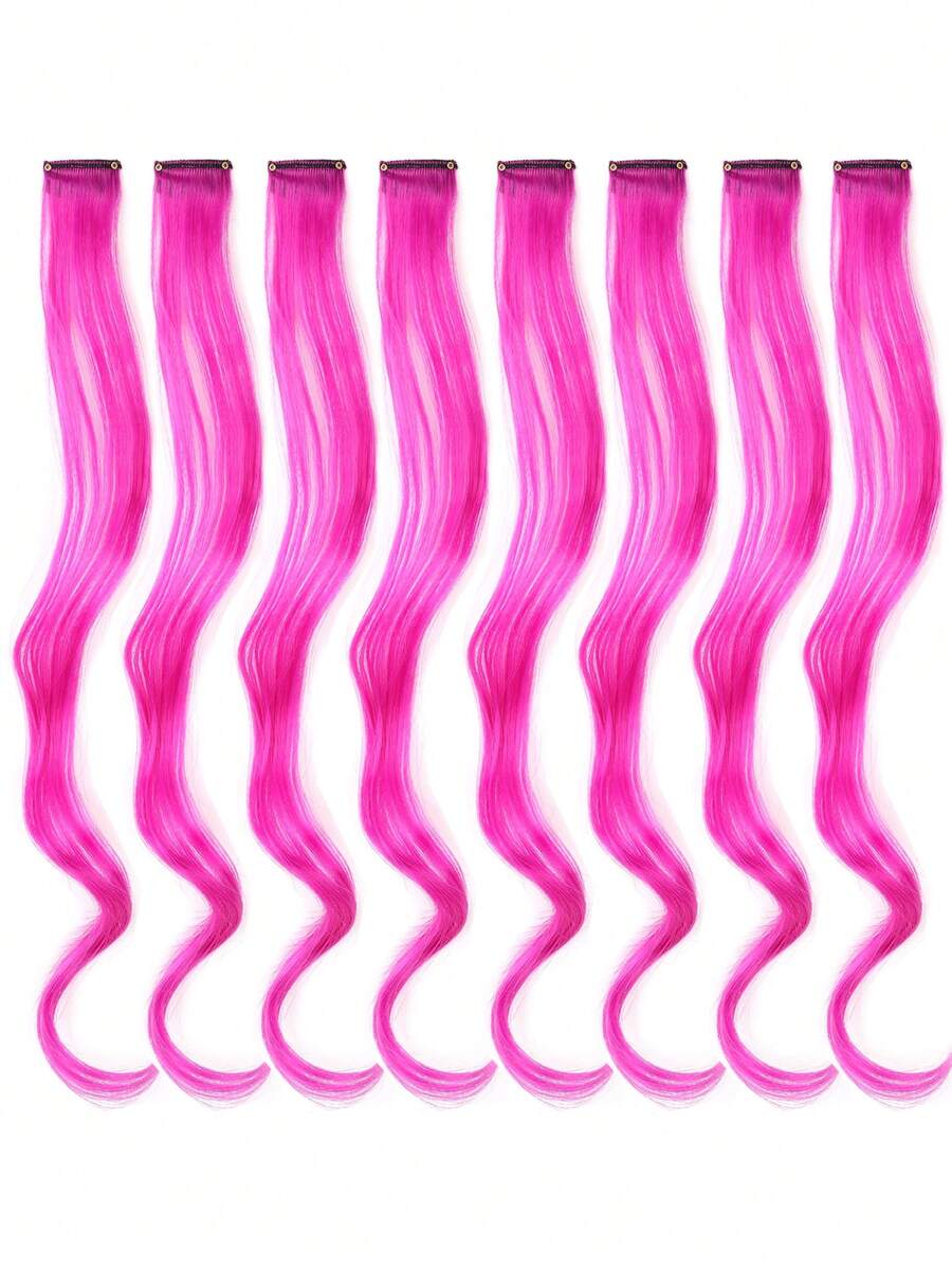 Extensiones de cabello de colores para fiesta y resaltes, pieza de cabello sintético rizado y ondulado para clip en mujeres y niñas - Rosa Fucsia - Ver 1