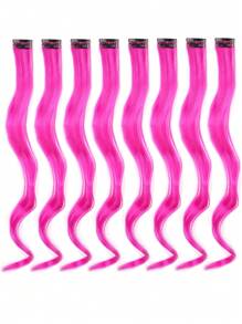 Extensiones de cabello de colores para fiesta y resaltes, pieza de cabello sintético rizado y ondulado para clip en mujeres y niñas - Rosa Fucsia - Ver 3