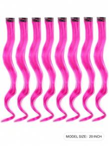 Extensiones de cabello de colores para fiesta y resaltes, pieza de cabello sintético rizado y ondulado para clip en mujeres y niñas - Rosa Fucsia - Ver 2